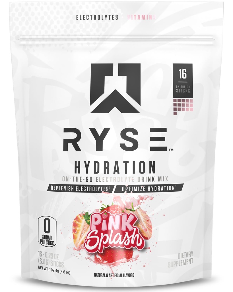 RYSE Hydration Electrolyte Toz Iklimleri - Pink Falls - Sugar-Free Full Spectrum Electrolytes with Essential Vitamins, Taurine and Choline for Rehidr - 16 Hizmet Sticks