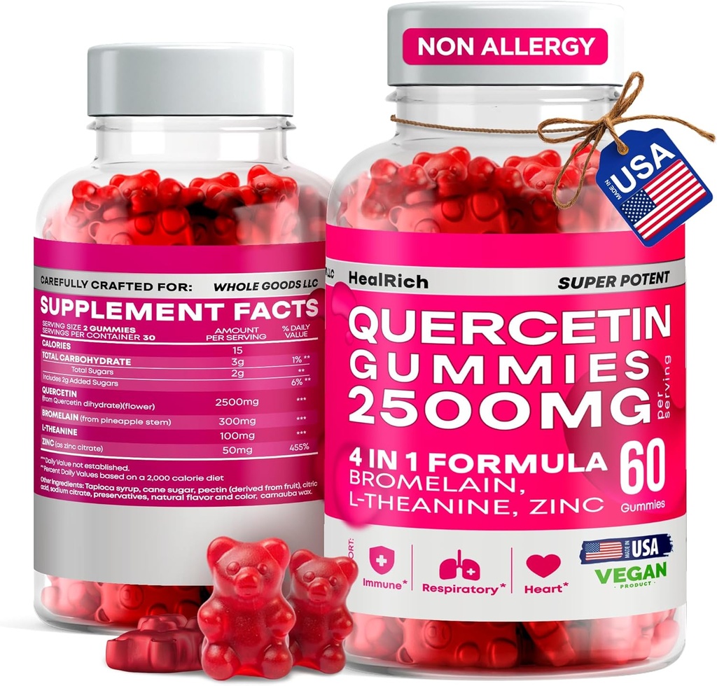 Quercetin Gummies - 2500MG Quercetin with Bromelain L-theanine & çinko - Immune System Lung ve Antivirüs Desteği için Saf Supplement - Immunity Alert Vegan Supplements for Kids & Yetişkinler - Made in US
