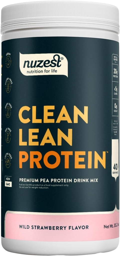 Nuzest - Pea Protein Toz - Temiz Lean protein, Premium Vegan Plant Temel Protein Toz, Süt Ücretsiz, Gluten Free, GMO Free, Doğal olarak Tatlılanmış, Vahşi Strawberry, 40 Hizmet, 2.2 lb