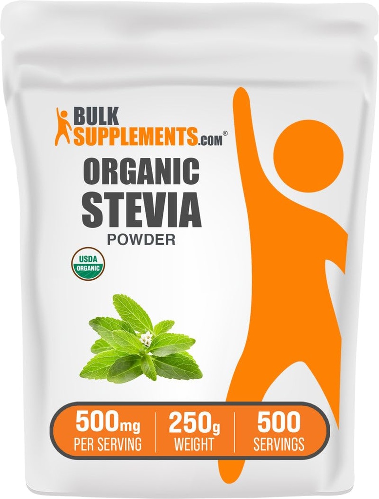 BulkSupplements.com Organic Stevia Powder - Pure Sweetener, Sourced from Stevia Leaves, Herbal Supplement - Vegan & Gluten Free, 500mg per Serving, 250g (8.8 oz) (Pack of 1)