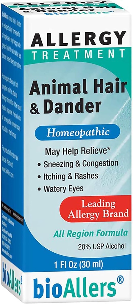 NaturalCare Animal Hair and Dander Homeopathic Liquid Drops by bioAllers, 1 Fl Oz | Sinus Congestion, Sneezing & Runny Nose, Itchy, Watery Eyes