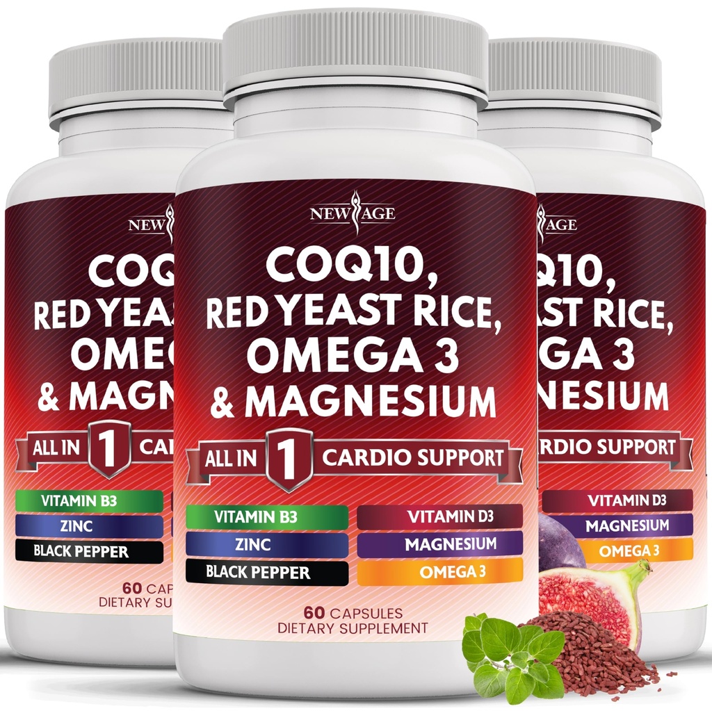 NEW AGE COQ10 200 mg Red Yeast Rice Omega 3-6-9 Magnezyum Kompleksi K2 D3 - B3 Vitamini olan Kadınlar ve Erkekler için Destek Vitaminleri, Coenzyme Q10-180