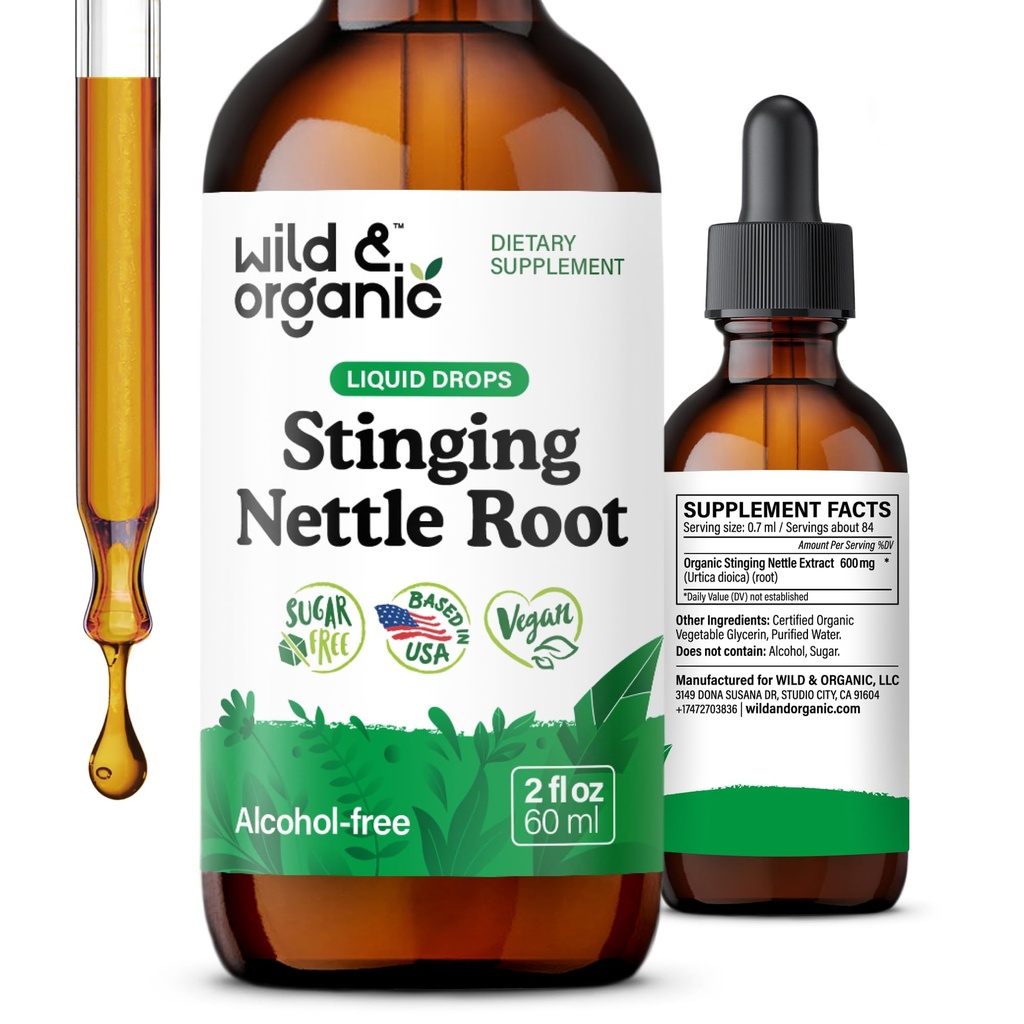 Wild & Organic Sting Nettle Root Drops - Erkekler ve Kadınlar için Nettle Türlülüğü - Sıvı Urtica Dioica Tamam - Vegan, Sugar & Alkol-Free - 2 fl ozz