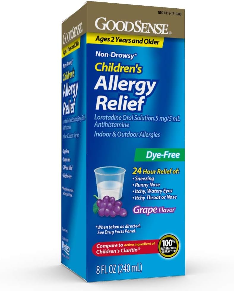 GoodSense Children's Alerji Medicine, 24 Saat Loratadine Oral Çözüm 5 mg/5 mL, Dye-Free, Non-Drowsy Antihistamine, Grape Flavor, 2 ve Yaşlı, 8 ozz