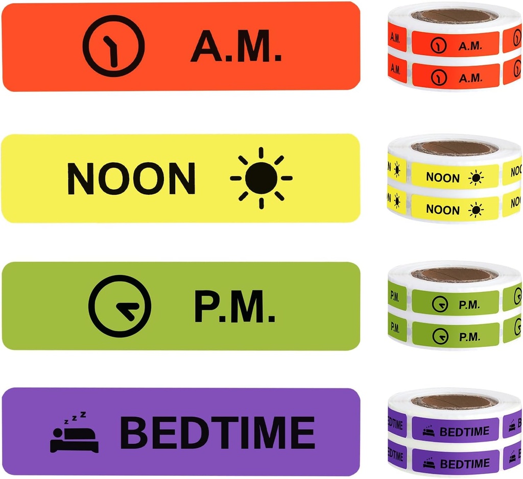 Tıp Biletleri İlaç Öğretim Etiketi Sürekli Kağıt Etiketi AM NOON PM Bedtime for Pill case Planlayıcı 0.4 * Roll 4 Pack başına 1.6inch (500 per Roll 4 Pack)
