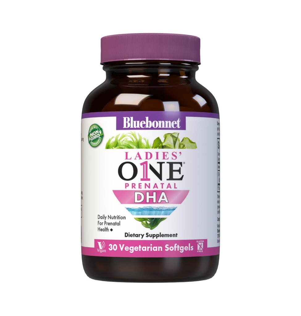 Bluebonnet Nutrition Ladies' One Prenatal DHA, Daily Nutrition for Prenatal Health*, Non-GMO, Vegan, Gluten-Free, 30 Vegetarian Softgels, 30 Servings
