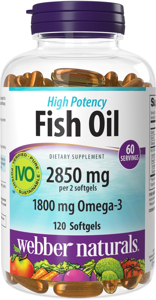 Webber Naturals Fish Oil 2850 mg, High Potency, 1,800 mg Omega-3 per Serving, 120 Clear Enteric Softgels, No Fishy Aftertaste, Ultra-Purified, Supports Heart, Cognitive, and Joint Health