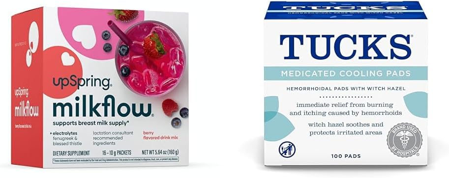 UpSpring Milkflow Electrolyte Motherfeeding Supplement Drink Mix with Fenugreek | Berry Flavor | 16 İç Mixes + TUCKS Medicated Soğutma Pads, 100 Count Count