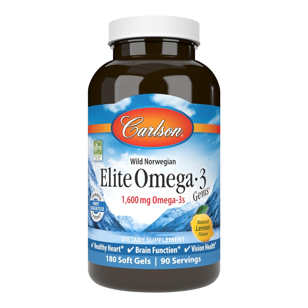 Carlson - Elite Omega-3 Gems, 1600 mg Omega-3 Aluding EPA ve DHA, Norveç, Wild-Caught Fish Oil Supplement, Sustainable Sourced, Lemon, 180 Softgels