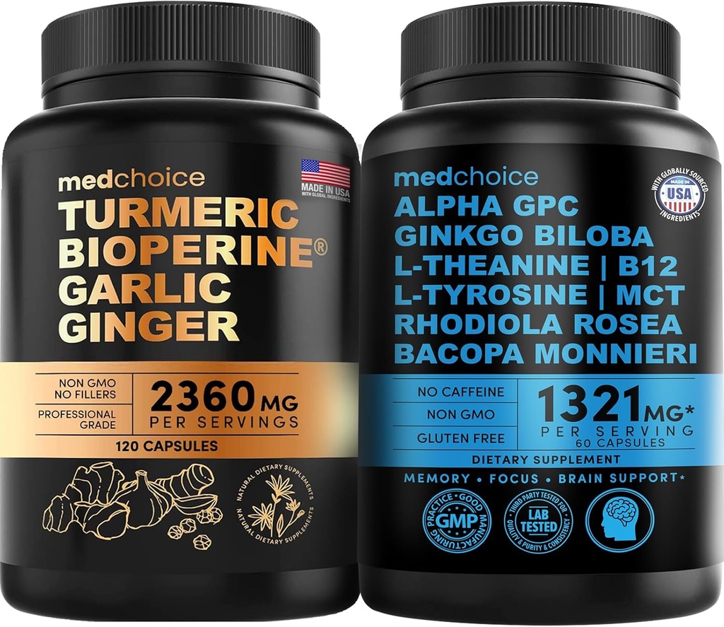 MEDCHOICE Turmeric & Ginger (120ct) and Nootropic Brain (60ct) Supplement Sche - Wellness Duo for Common, Digestion, Brain, & Mood Support - Vegan, Non-GMO, Gluten-Free