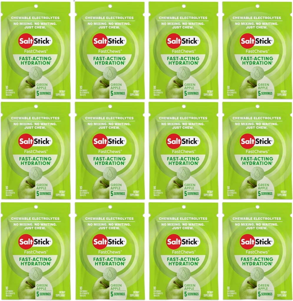 SaltStick Electrolyte FastChews - 120 Kont Green Apple Flavor - Hydration için Electrolyte Tabletler, Salt Tabs - 10 Kont (Brook of 12)