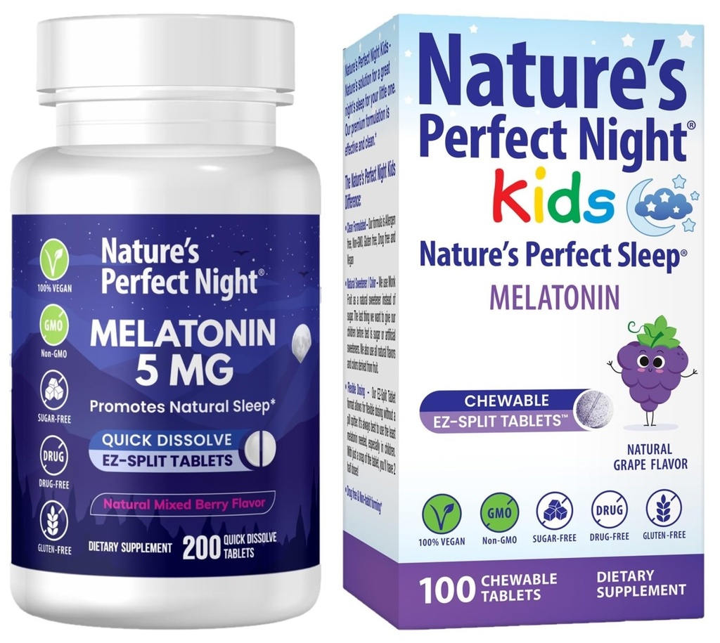 Nature's Perfect Night Bundle | Melatonin 5mg | Kids Melatonin 1mg | 200 Count | 100 Count | Sugar Free | Gluten Free | Non-GMO | Vegan
