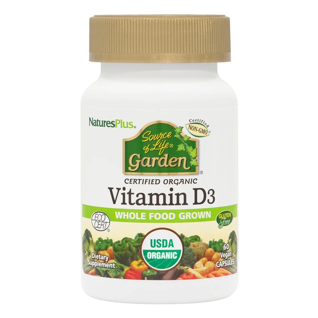 Natures Plus Source of Life Garden sertifikalı Organik Vitamin D3 - Cholecalciferol 5000 iu, 60 Vegan Capsules - Tüm Gıda Bitkileri Temel Tamam - Vejetaryen, Gluten-Free - 30 Hizmet