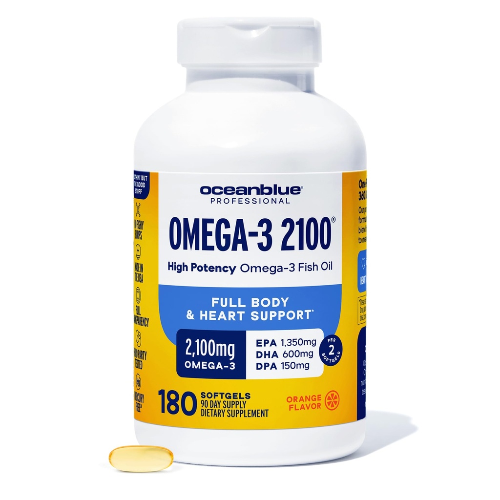 Oceanblue Professional Omega-3 2100 – 180 ct – Triple Strength Burpless Fish Oil Supplement with High-Potency EPA, DHA, DPA – Wild-Caught – Orange Flavor (90 hizmet)