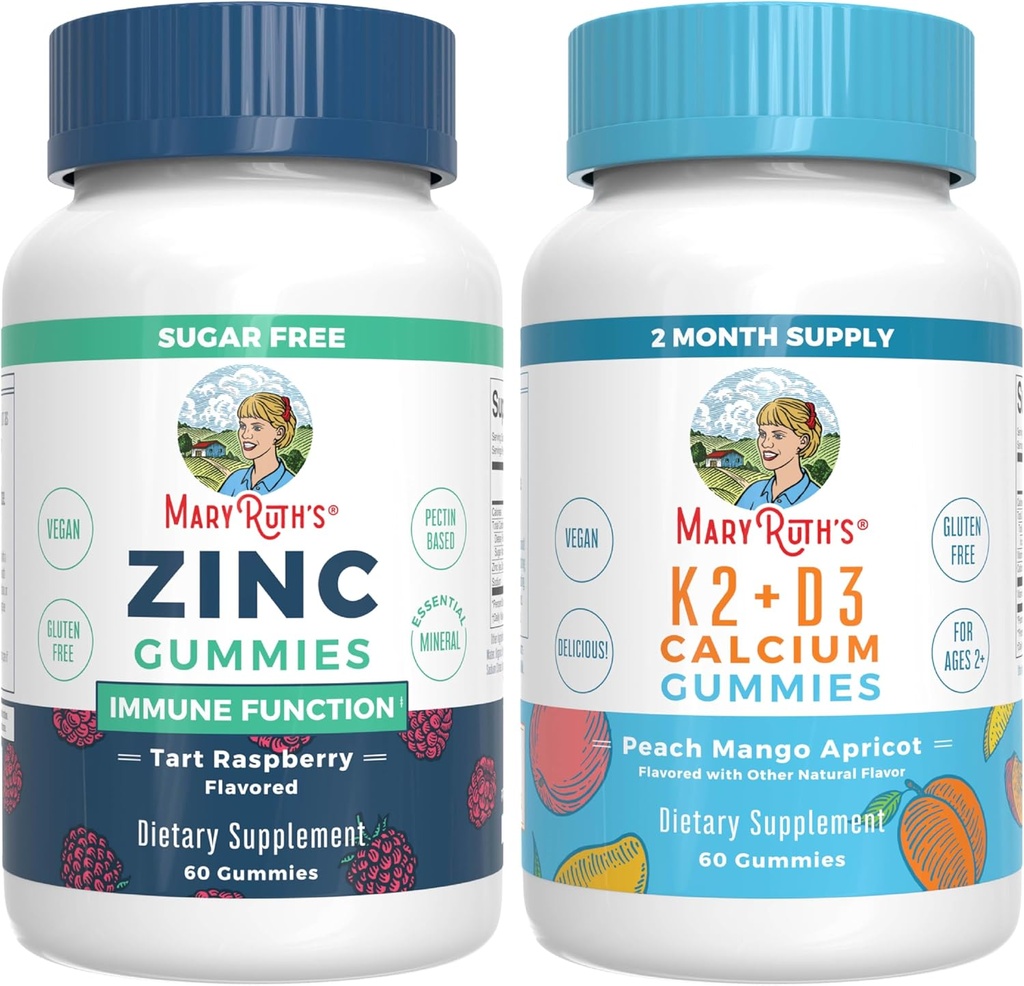 MaryRuth Organics çinko (Tart Raspberry) & Vitamin K2+D3 Kalsiyum Gummies (Peach & Apricot) | Clean Label Project TY® | Vitaminler Immunity & Ortak ve Bone Health | Vegan, Non-GMO
