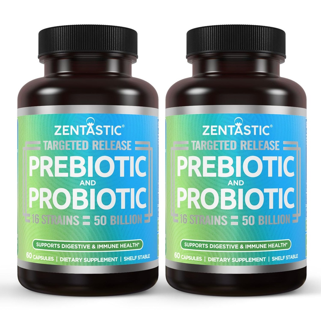 Zentastic Probiyotiks & Prebiyotiks Supplement - 50 Milyar CFU - Men & Women's Immune & Digestive Health - 16 Strains - Raf Stable - 120 Gecikme Veggie Capsules