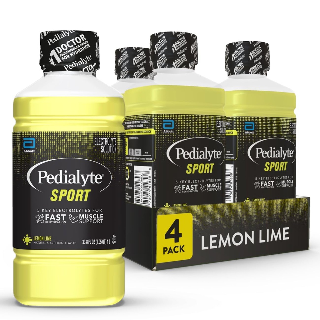 Pedialyte Sport Electrolyte Drink, Fast Hydration with 5 Key Electrolytes for Muscle Support before, During, & After Egzersiz, Lemon Lime, 1 Liter, 4 Paket