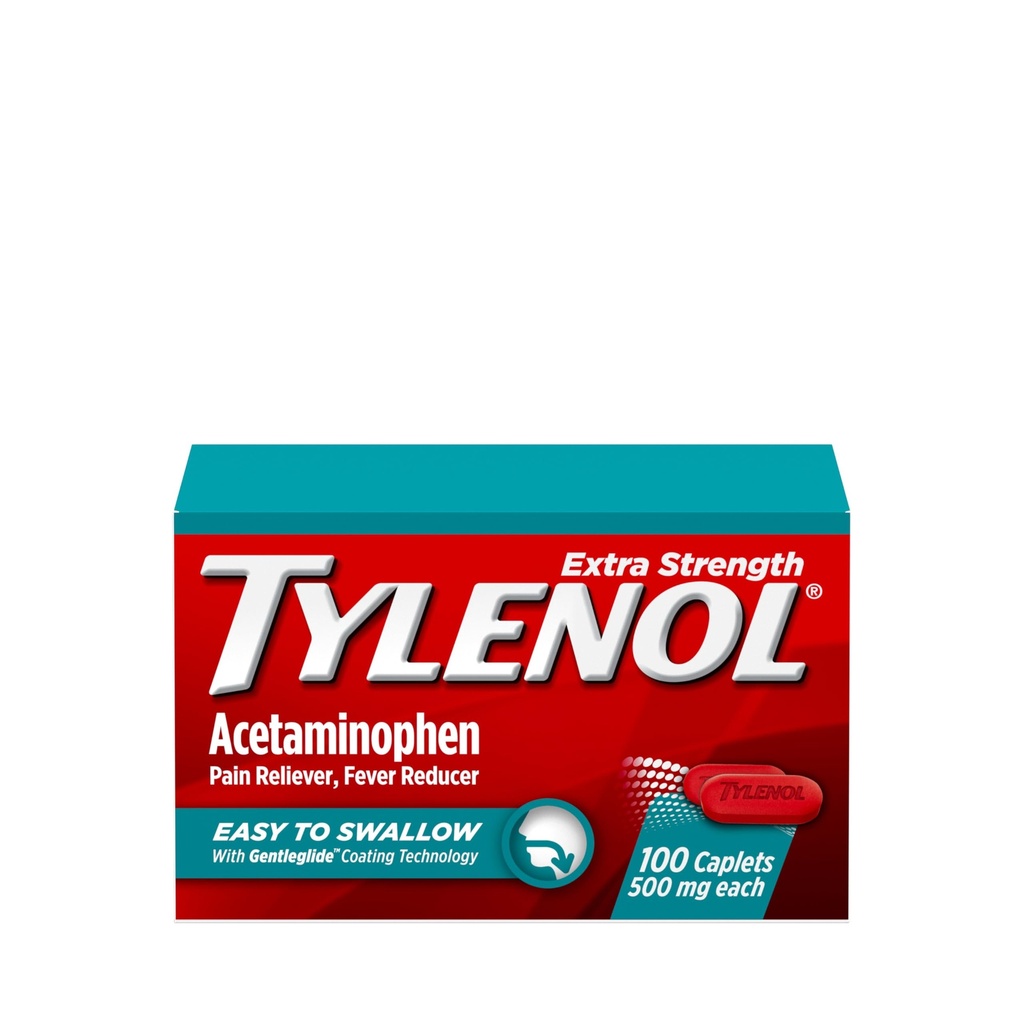 Tylenol Extra Strength Easy to Swallow Acetaminophen, Pain Reliever & Ateş Tespiti, Centglide Teknolojisi ile Yetişkinler için Caplets, 500 mg Ekstra Güçlü Acetaminophen, 100 ct