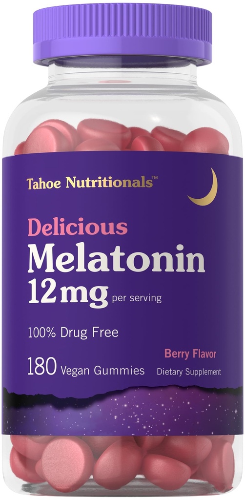 Carlyle Tahoe Nutritionals Melatonin Gummies 12mg | 180 Count | Berry Flavor Gummy | Drug Free Supplement | Vegan, Non-GMO, Gluten Free