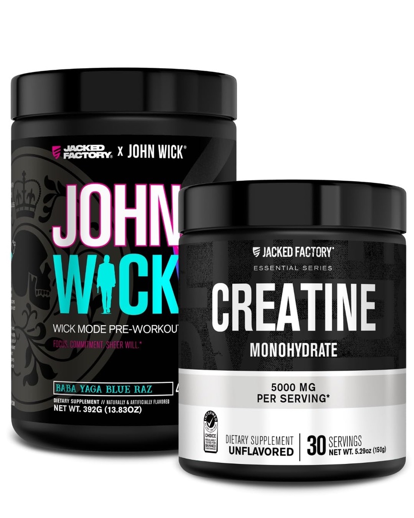 Jacked Factory X John Wick - Wick Mode Pre Workout Toz (Baba Yaga Blue Raz, 40 Hizmet) & Kretine Monohidrat Toz (Unflavored, 30 Hizmet)
