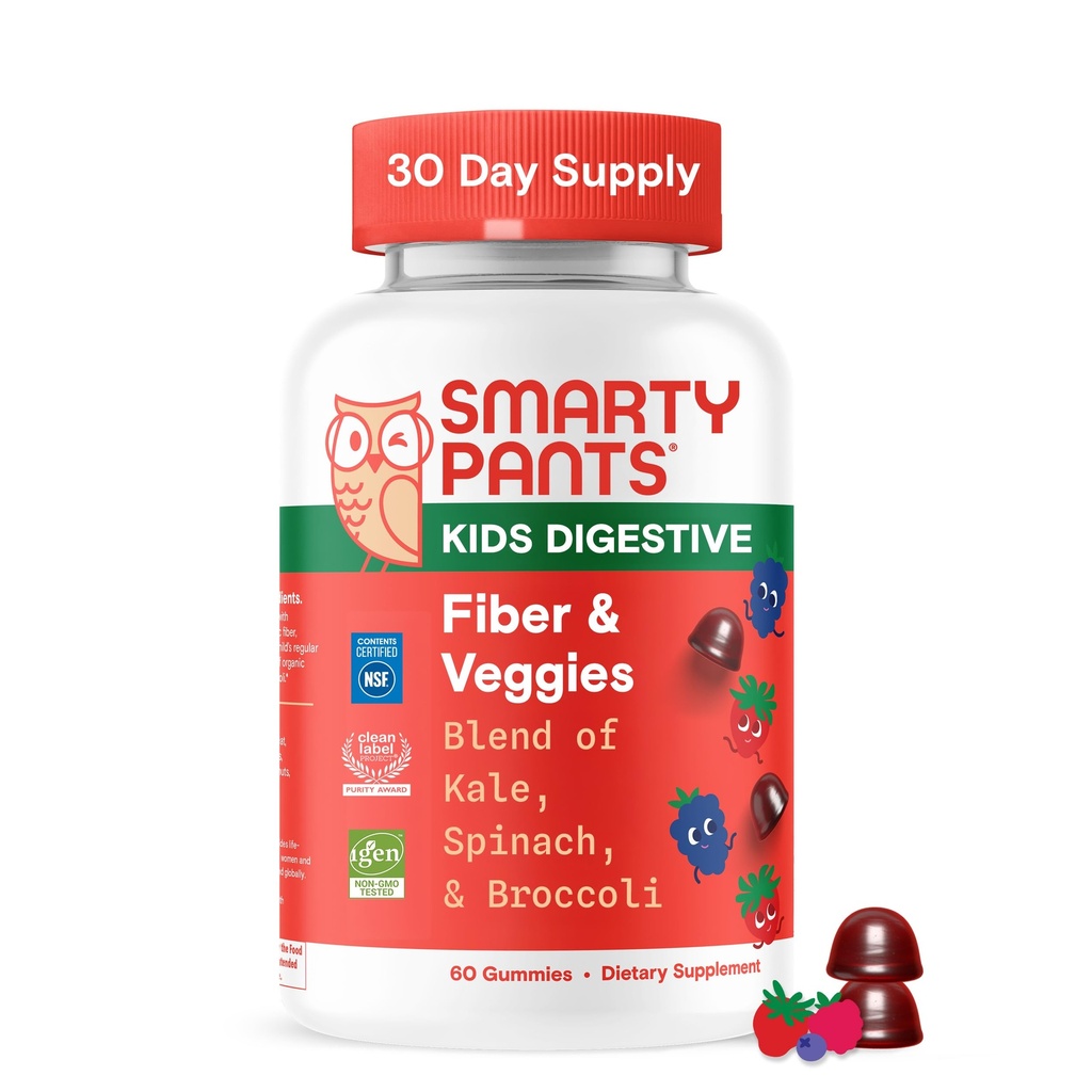 SmartyPants Kids Fiber & Veggies: Prebiotic Fiber Gummies for Kids, Fiber Supplement with Inulin, Organic Green Veggie Blend, Vegan, Gluten Free, Mixed Berry Flavor, 60 Count (30 Day Supply)