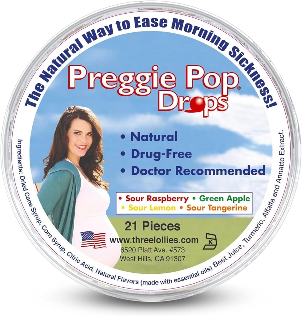Preggie Pop Drops | 21 Drops | Morning Sickness during pregnancy | Safe for pregnant Mom & Baby | Gluten Free | Four Flavors: Lemon, Raspberry, Green Apple, Tangerine