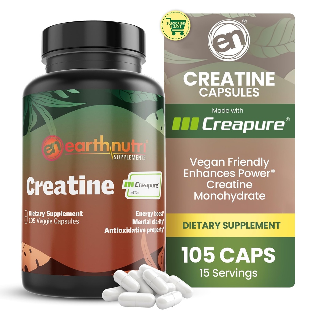 EarthNutri Kretine Monohidrat Capsules - Better Abions - Supports Muscle Strength, Strength & Recovery - 105 Capsules (5000 mg per Service, 7 Capsules)