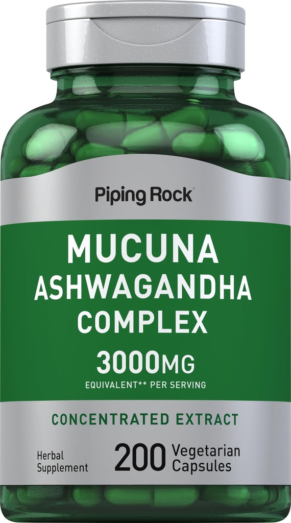 Piping Rock Mucuna Ashwagandha 3000 mg | 200 Capsules | Kadınlar ve Erkekler için Kompleksi Tamamı | Vejetary, Non-GMO, Gluten Free