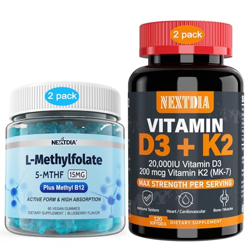 Nextdia Vitamin D3 20,000 IU + K2(MK7) 200mcg, L-MethylFolate 15mg & Methyl B12 Gummies