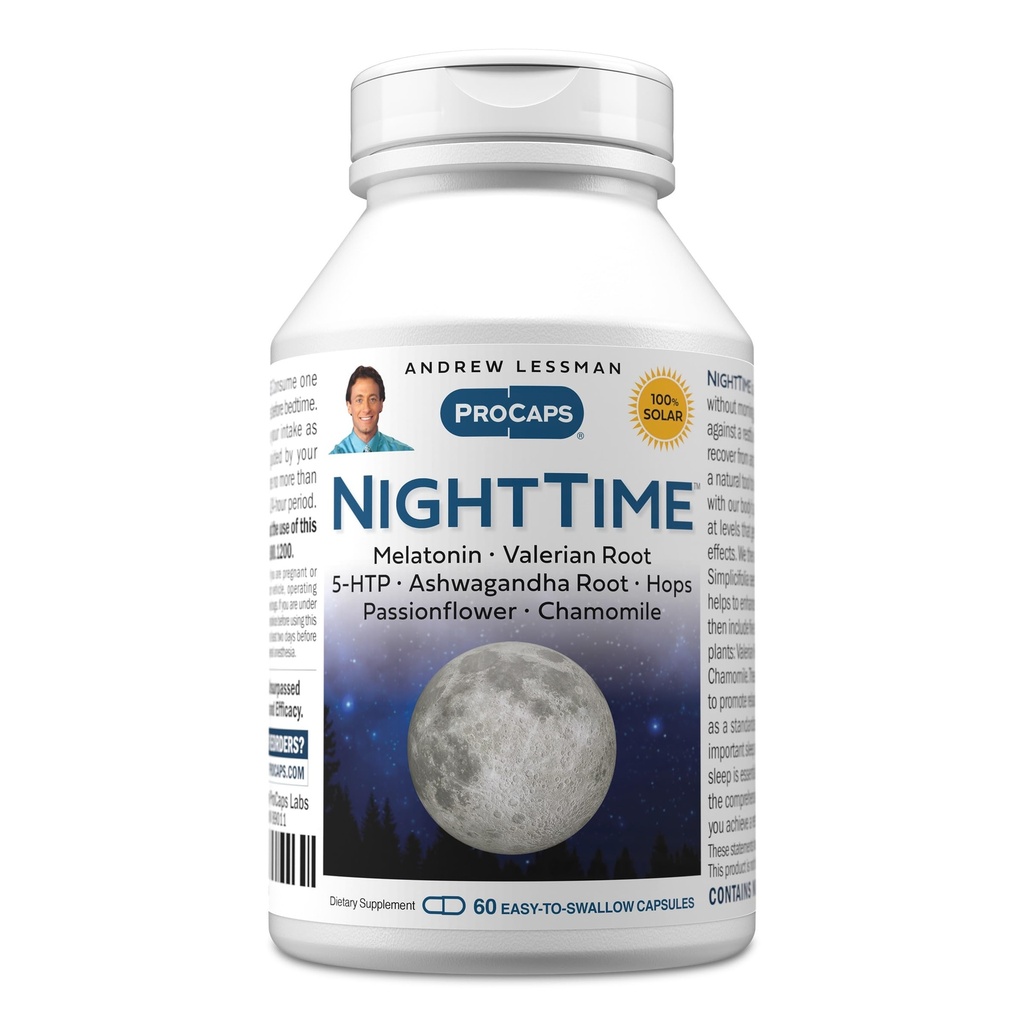 ANDREW LESSMAN Night Time 60 Capsules - 3 mg Melatonin, Valerian, Ashwagandha, Passionflower, Hops, Chamomile. Sabah Grogginess yok. Doğal Destek, Gentle Restful Sleep. Swallow Capsules kolay