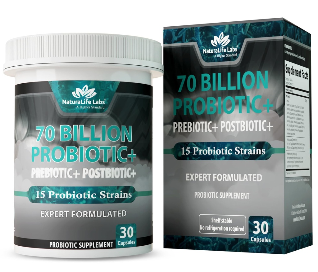 NaturaLife Labs Probiyotiks 70 Milyar CFU – 15 Strains with Organic Prebiyotik & Postbiyotik – 3in-1 Formula – 30 Vegan Capsules