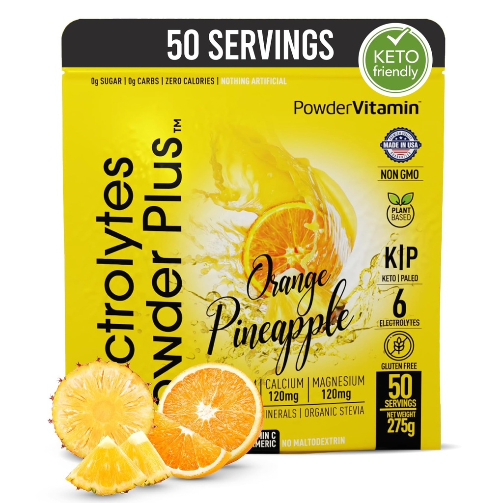 Elektrolytes Toz Plus (50 Hizmetler), 0 Calorie Keto, 0 Sugar, No Maltodextrin,1000 mg Pyum,120 mgelli,120 mg Magnezyum, Hydration Toz (50 Hizmetler, Orange Pineapple)