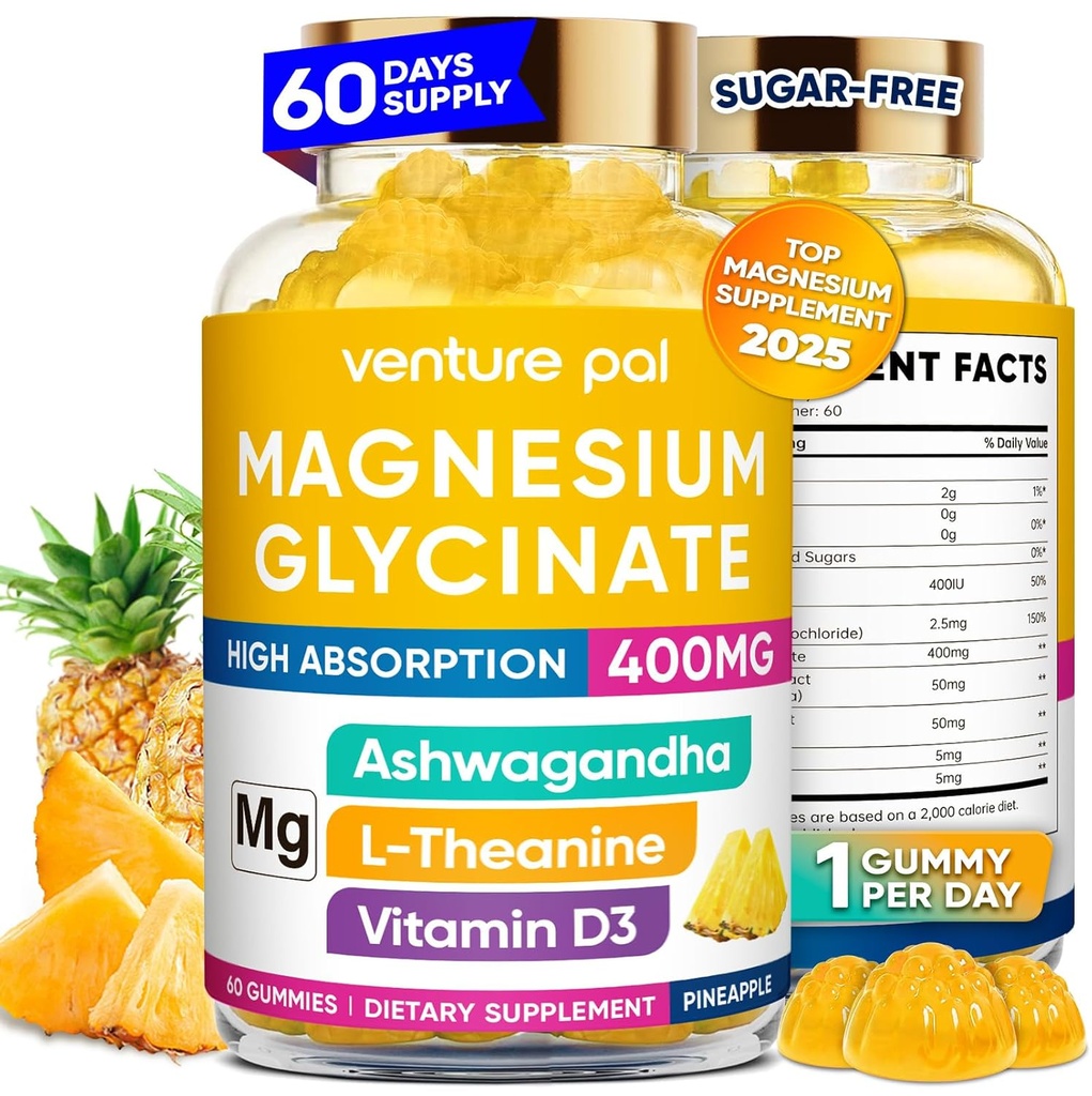 60 Day Supply Magnezyum Glycinate 400 mg Gummies with Ashwagandha, L-Theanine, CoQ10, Vitamin D3 & B6, Sugar Free Magnezyum Gummies for Yetişkinler & Kids, Stress Relief, Sleep & Calm, Vegan, Gluten Free