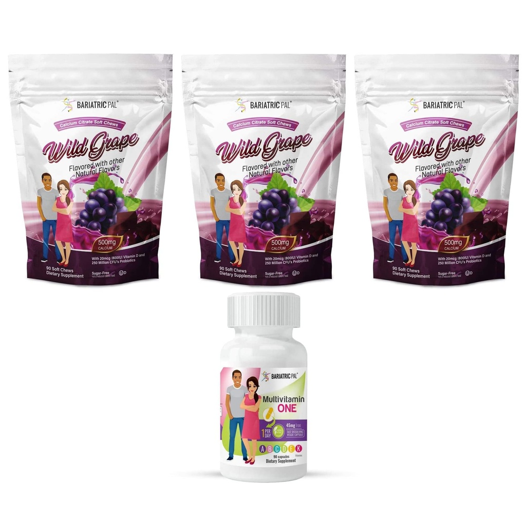 BariatrikPal 90 günlük Bariatrik Vitamini (Günde BİR 1 Vitamini) 45 mg Demir ve Kalsiyum Citrate Soft Chews 500 mg Probiyotiks - Wild Grape) ile Capsule