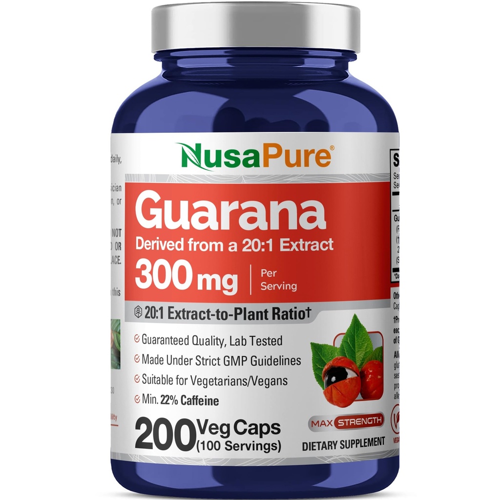 NusaPure Guarana 20:1 Ekstraksiyon, 300 mg Veggie Caps 200 Count (Non-GMO, Vegan) başına 6.000 mg Equivalent