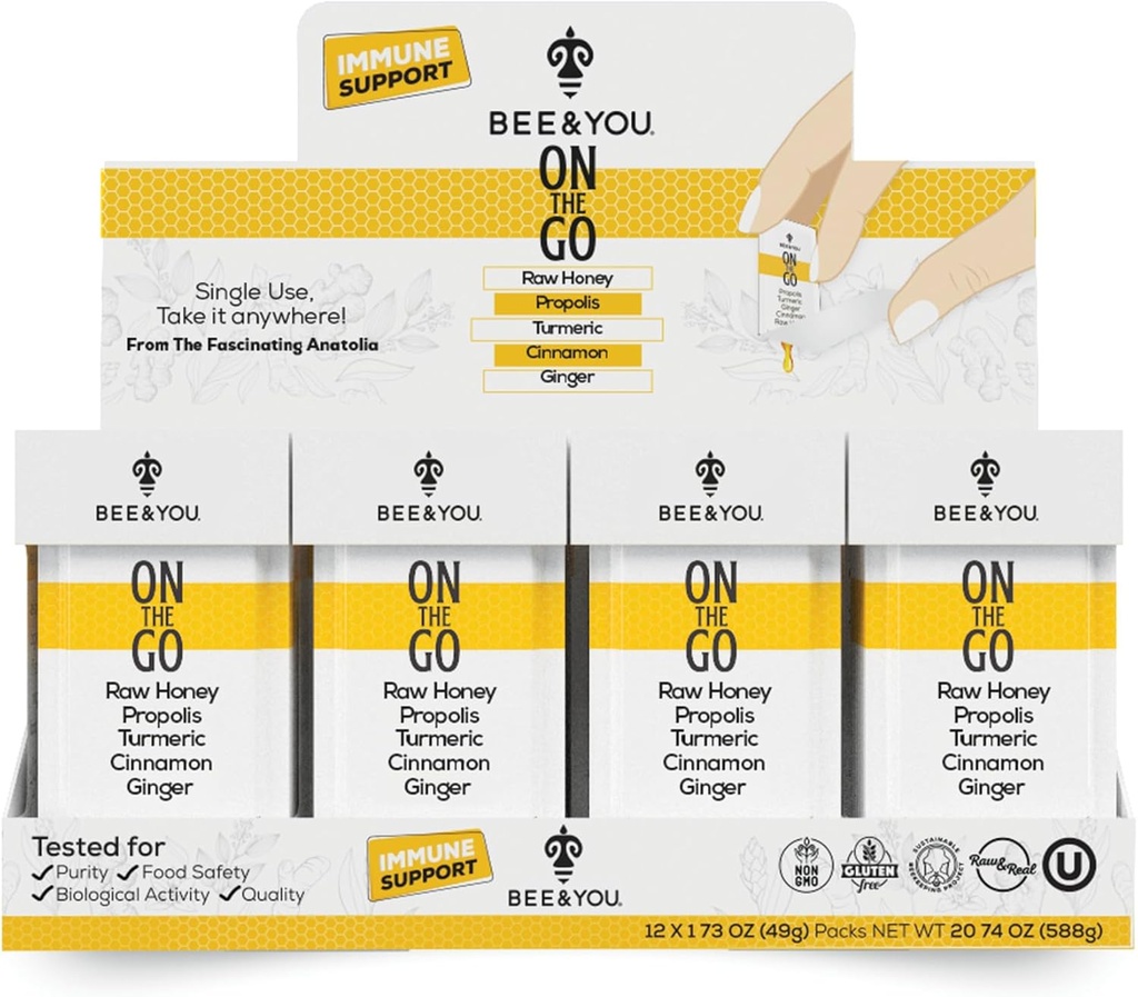 Arı ve You On The Go, Immune Support Supplement, Raw Honey, Propolis, Turmeric, Cinnamon, Ginger, Superfrood, Great Tasting, for Kids and Yetişkinler, 12 Pack, 1.73 oz Every