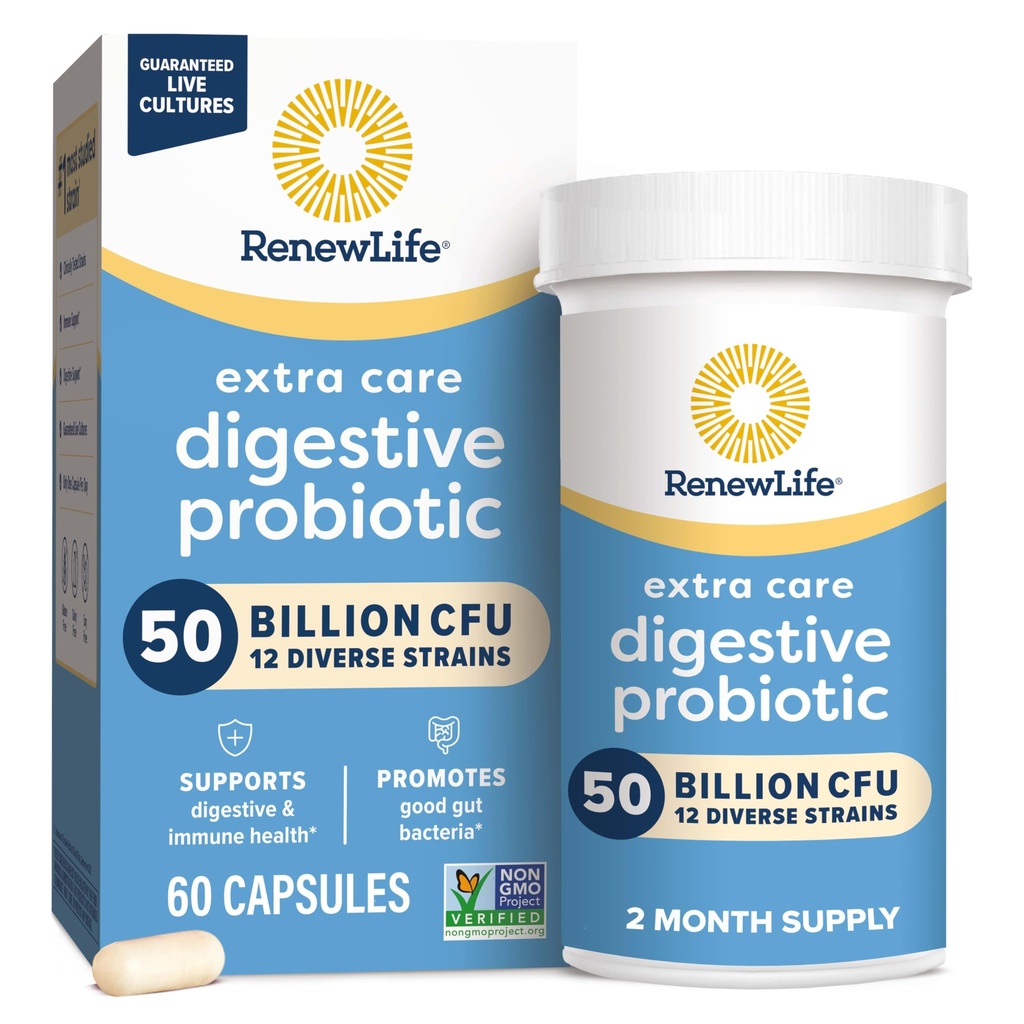 Yeni Yaşam Ekstra Bakım Digestive Probiyotik Capsules, 50 Milyar CFU Garantili, Daily Supplement Supports Immune, Digestive, Respiratory Health (1), L. Rhamnosus GG, Dairy, Say ve Gluten-Free, 60