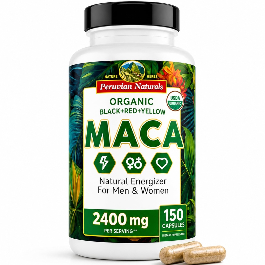 Kadınlar ve Erkekler için Organik Maca Root Capsules - 150 Pills Black, Red, Sarı Maca Supplement - Gelatinized Macaroot, Non-GMO, Vegan by Peruvian Naturals