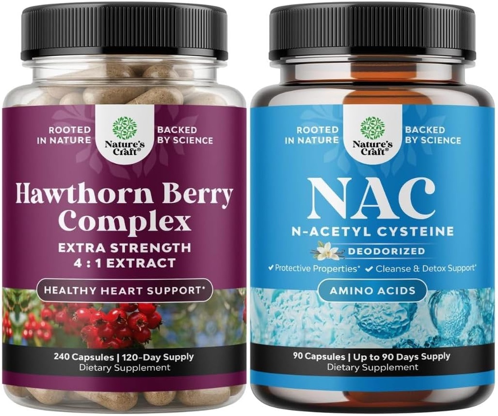 Yüksek Kuvvetli Hawthorn Berry Capsules with Leaf & Flower Extract 4:1 for Health Heart & Digestion and NAC Supplement N-Acetyl Cysteine 600 mg - Glutathione Precursor for Liver Cleanse Detox