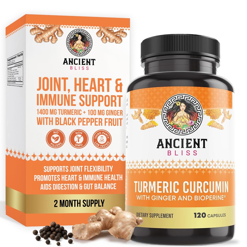 Turmeric Curcumin with Ginger & Bioperine, Turmeric Curcumin with Black Pepper & Raw Ginger Root Powder Capsule Supplement by Ancient Bliss (120 Capsules)
