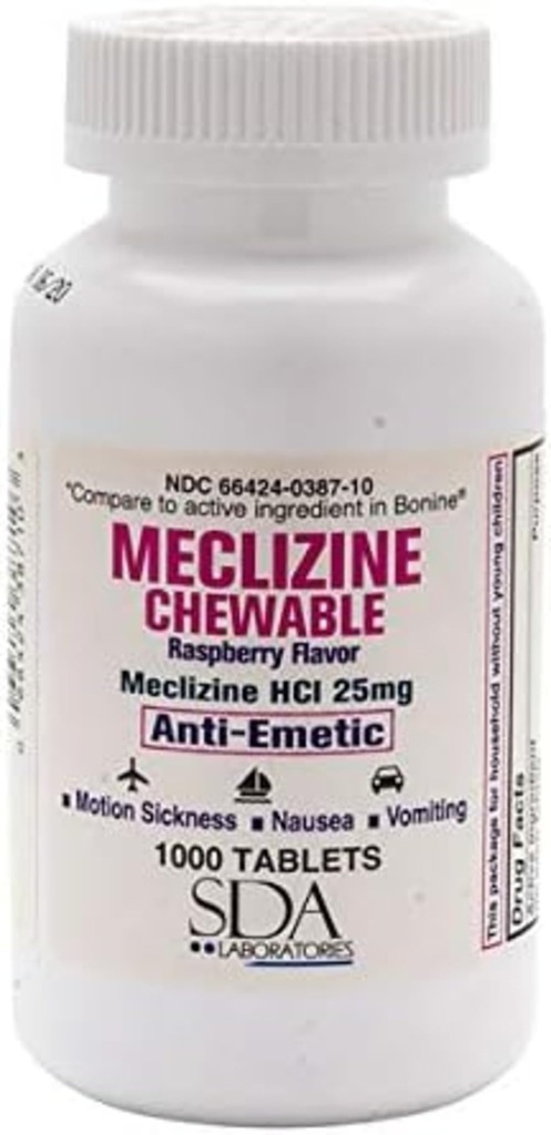 SDA LABORATÖRLER Meclizine Chewable Tabletler, 25 mg, Anti-Emetic, Raspberry Flavor, Hareket Hastalığı ve Nausea için Vertigo Relief, Dizziness ve Vomiting, 1000 Count (1 Pack)