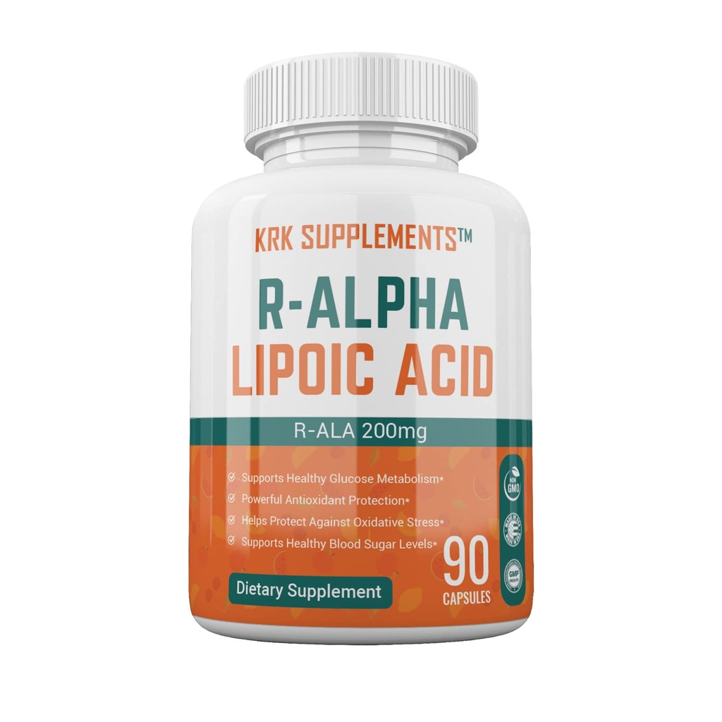 KRK SUPPLEMENTS 1 Bottle R-ALA R-Alpha Lipoic Acid 200mg 90 Capsules