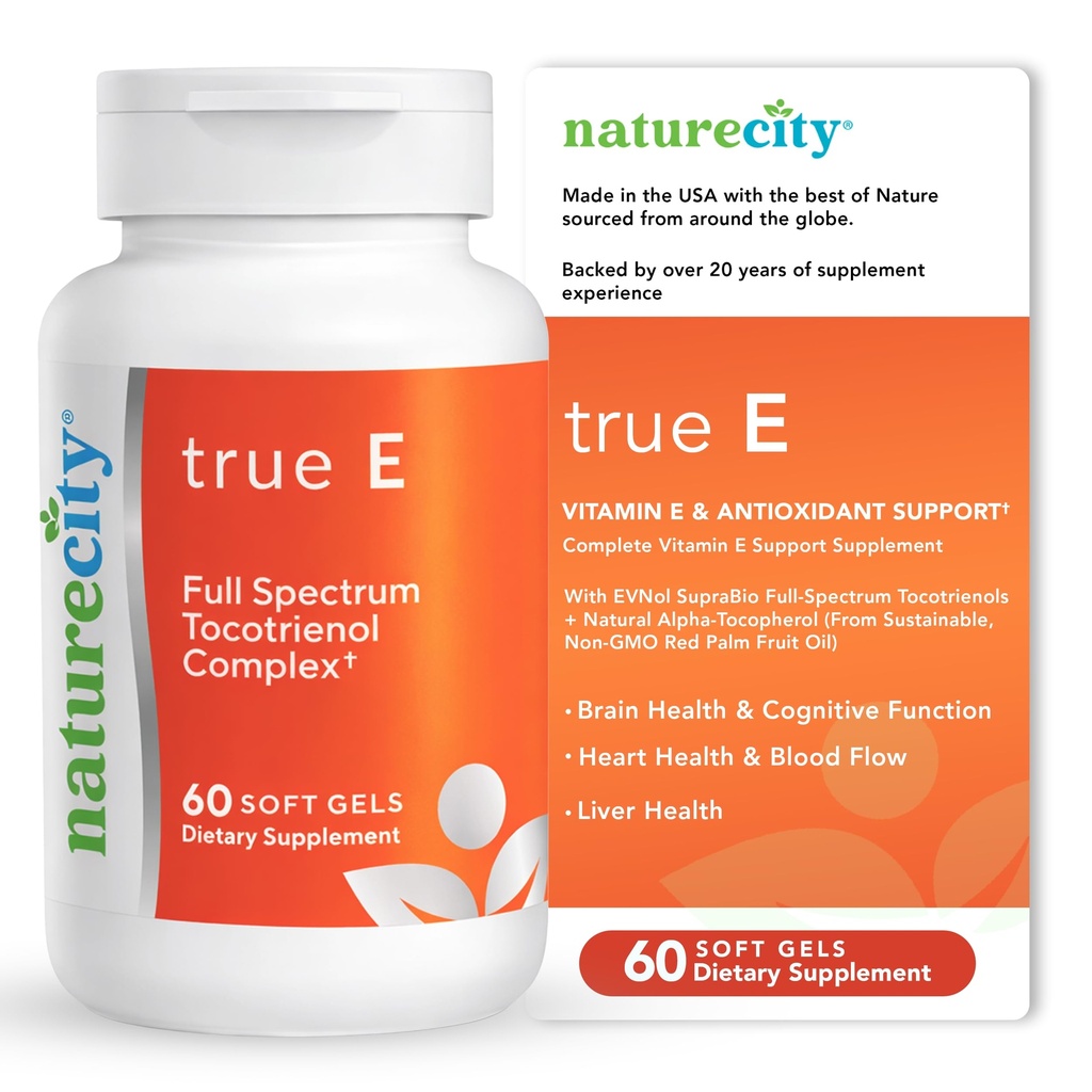 NatureCity True-E Full Spectrum Tocotrienols Vitamin E & Natural Alfa Tocopherol Supplement | Evnol Suprabio | Non-GMO Vitamin E Kompleks | 60 Soft jel