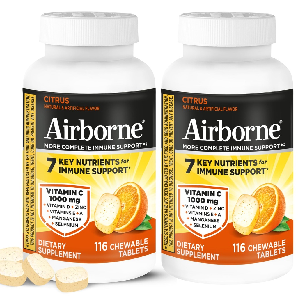 Airborne 1000 mg C + çinko Immune Support Supplement Chewable Tabletler, Citrus Flavor Güçlü Antioksis A C & E, 116 Chewable Tabletler (2 Pack)