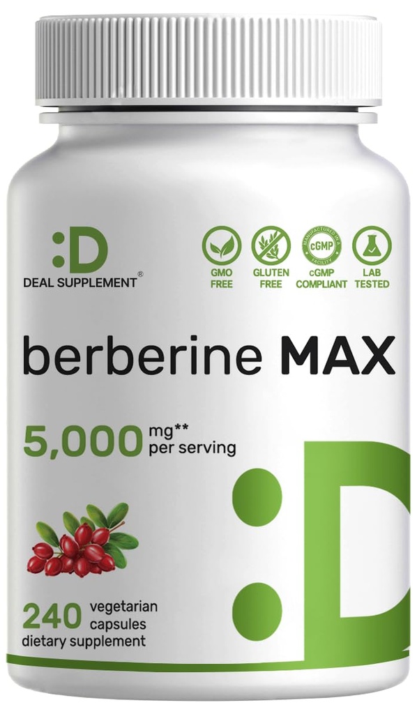 DEAL SUPPLEMENT Berberine Max Supplement with Turmeric, 5.000mg Per Servis, 240 Veggie Capsules -% 97 Pure Berberine HCl – 20:1 Turmeric Root Extract - Vegetarian Friendly, Non-GMOMO