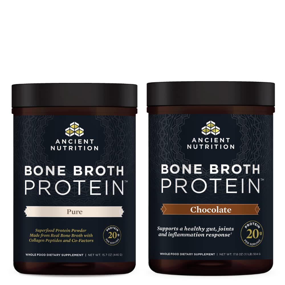 Eski Beslenme Kemik Broth Protein Toz, Saf, 20 Hizmet + Bone Broth Protein Toz, Çikolata, 20 Hizmet