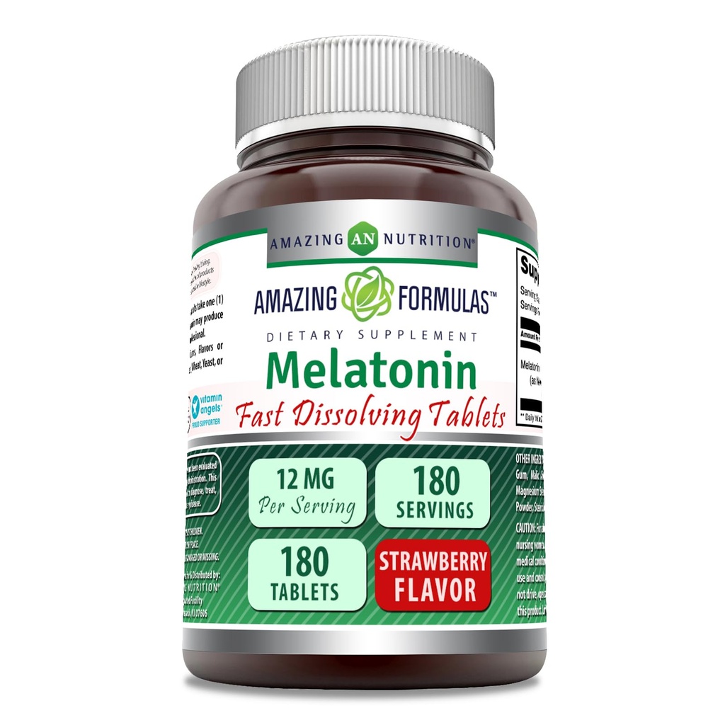 Amazing Formulas Melatonin 12 mg In Service Tablets Supplement | Non-GMO | Gluten Free | Made in USA (180 | Strawberry)