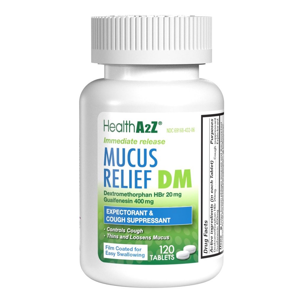HealthA2Z® Mucus Relief DM | Dextromethorphan HBr 20mg | Guaifenesin 400 mg | No Benzene | Cough, Immediate Bülteni, Uncoated (120 Kont)