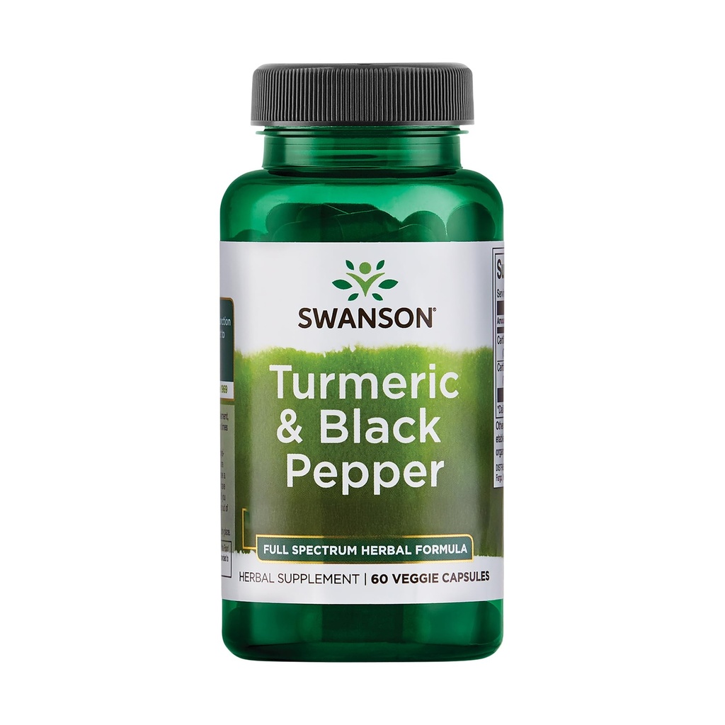 Swanson Turmeric & Black Pepper - Organik Ortak Sağlık, Kalp Sağlığı, Digestion, & Liver Support Supplement - Gelişen Bioavailability & Abxia için Doğal Formula - (60 Veggie Capsules)