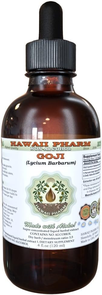 Goji Alcohol-Free Liquid Extract, Organic Goji (Lycium Barbarum) Dried Berry Glycerite Hawaii Pharm Natural Herbal Supplement 4 oz